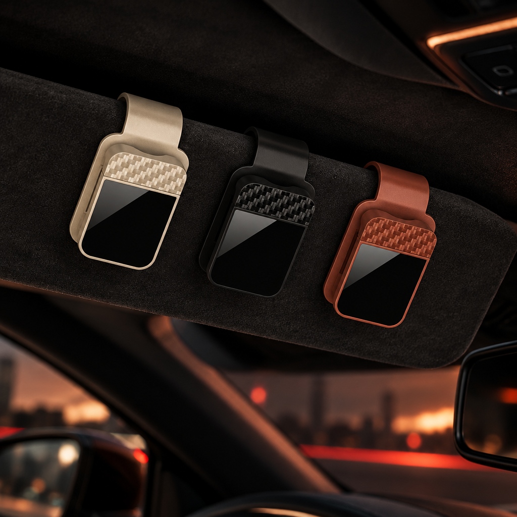 Porte-lunettes Reinhardt en beige, noir et marron sur un pare-soleil en alcantara