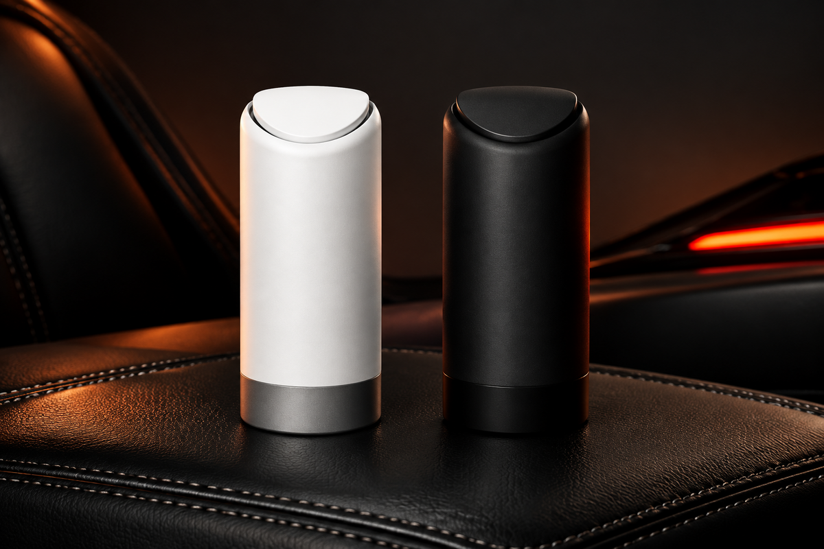 Mini poubelles de voiture Reinhardt blanche et noire sur cuir noir