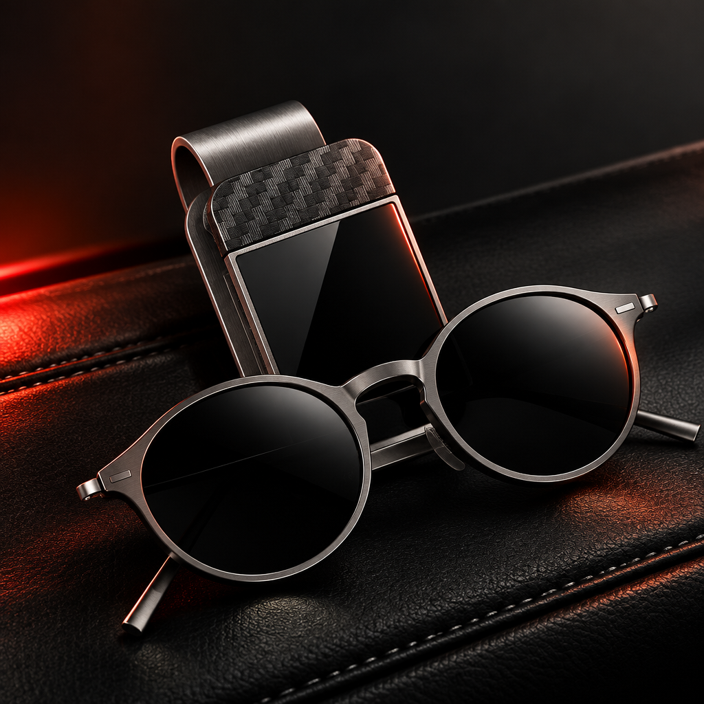 Porte-lunettes Reinhardt effet carbone avec lunettes de soleil sur cuir noir