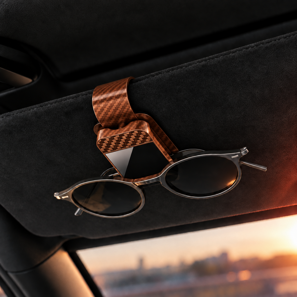 Porte-lunettes Reinhardt coloris marron sur un pare-soleil en alcantara noir