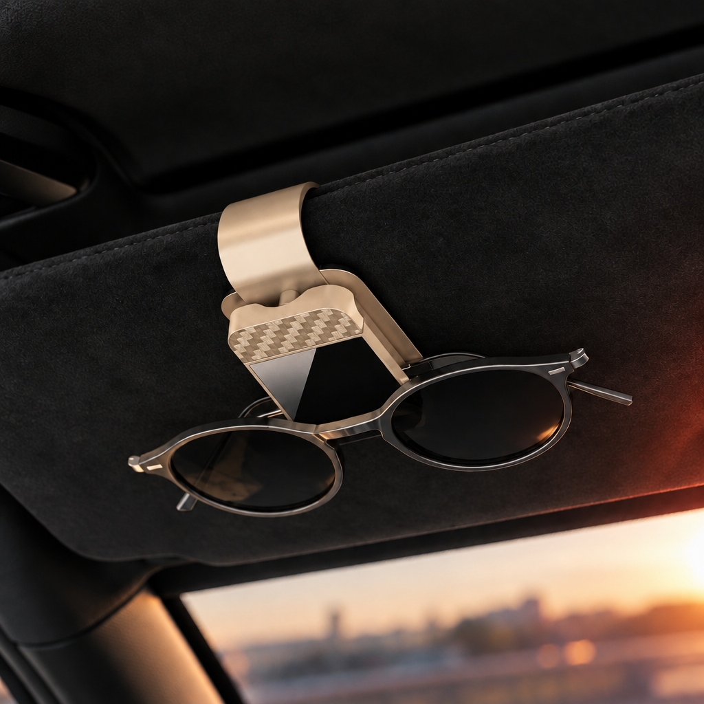 Porte-lunettes Reinhardt coloris beige sur un pare-soleil en alcantara noir