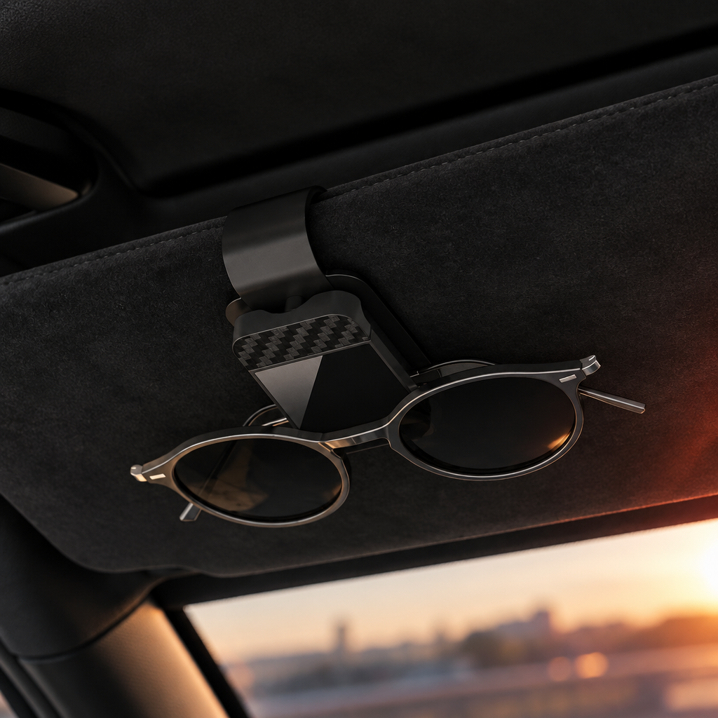 Porte-lunettes Reinhardt effet carbone fixé sur un pare-soleil en alcantara noir