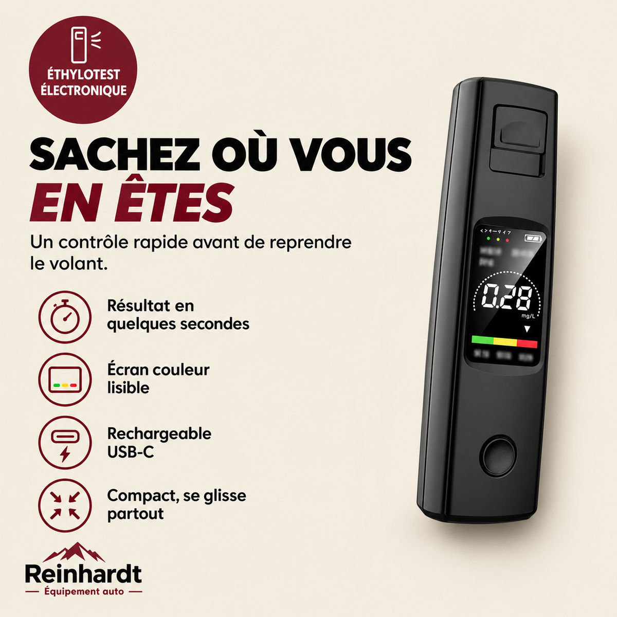 Éthylotest électronique Reinhardt : résultat rapide, écran couleur, USB-C, compact