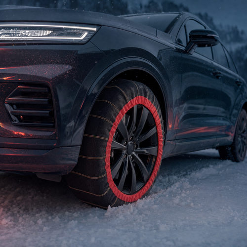 Chaussette à neige textile Reinhardt installée sur la roue d'un SUV dans la neige