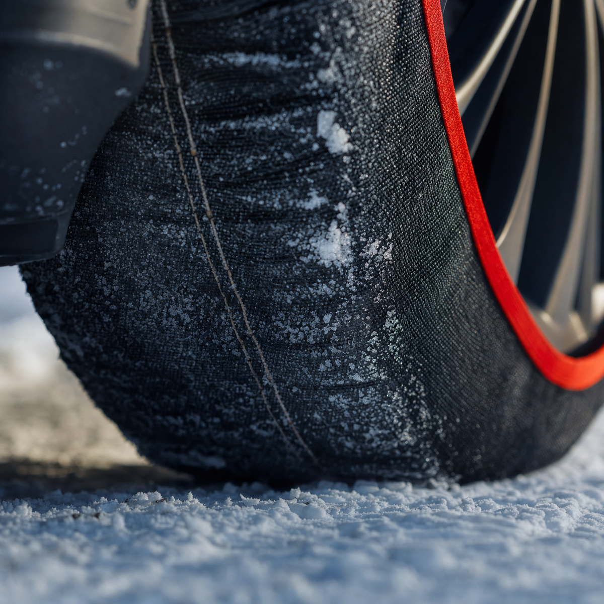 Gros plan du textile maillé de la chaussette à neige sur la neige