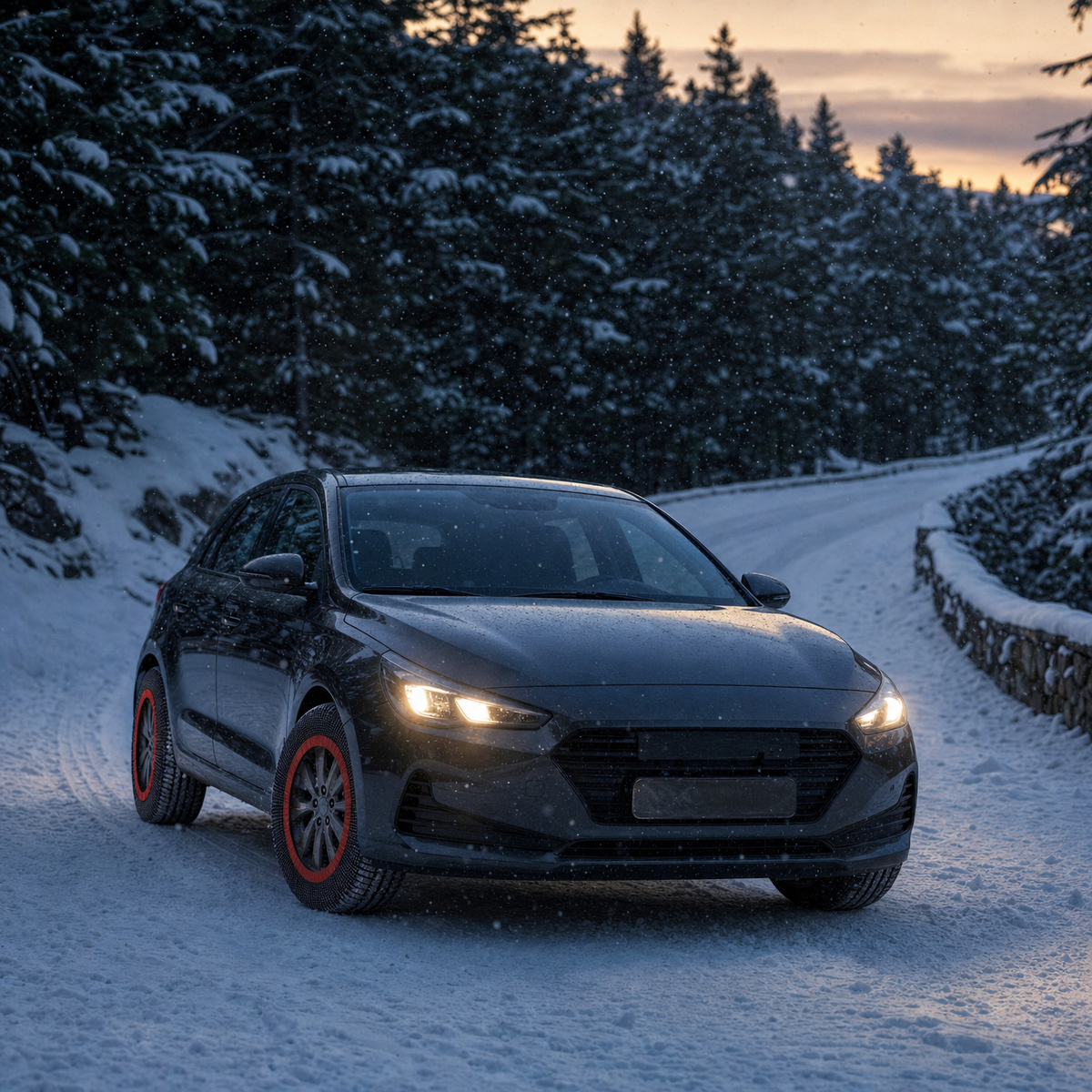 Voiture équipée de chaussettes à neige sur une route de montagne enneigée
